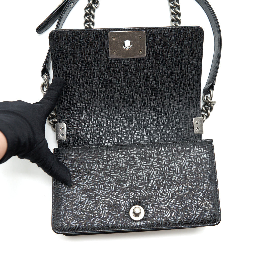 CHANEL SMALL BOY BAG CAVIAR BLACK RUTHENIUM SLIVER HARDWARE (MICROCHIP)