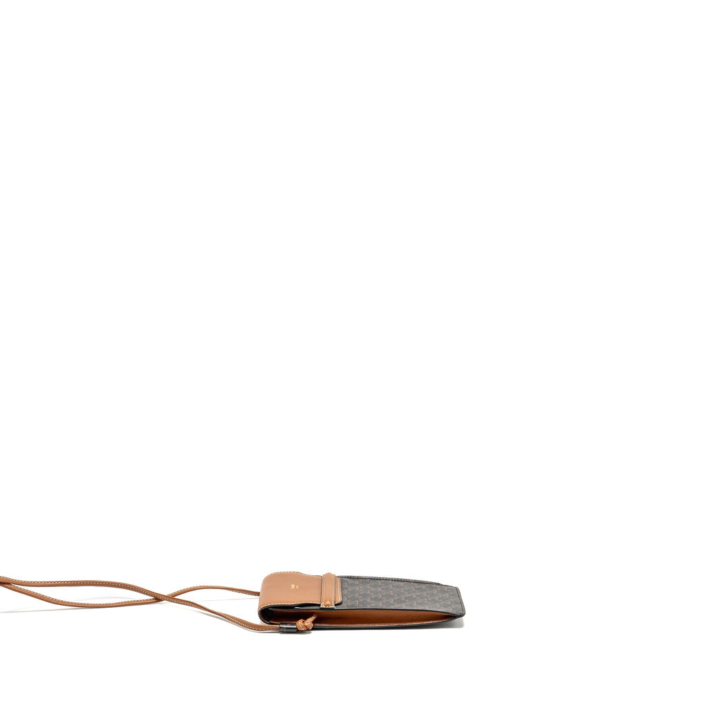 CELINE PHONE POUCH WITH FLAP TRIOMPHE CANVAS /LAMBSKIN TAN