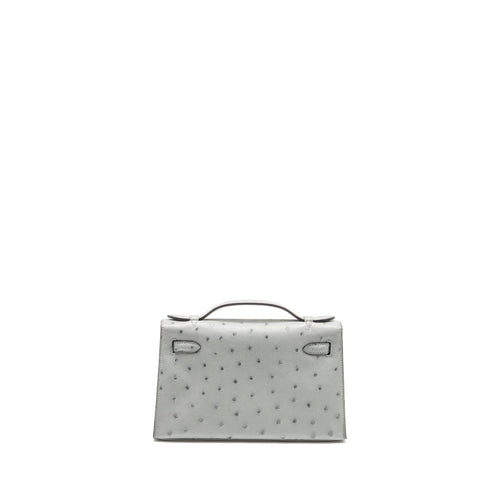 HERMES KELLY POCHETTE OSTRICH BLEU GLACIER GHW