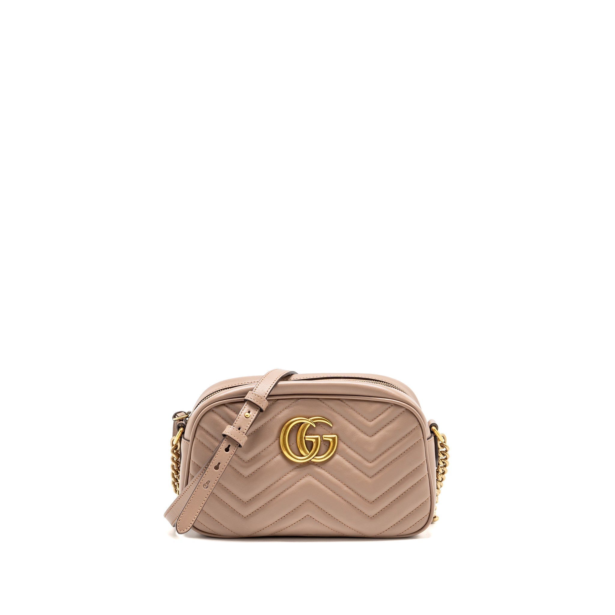 GUCCI SMALL GG MARMONT CAMERA BAG MATELASSE CHEVRON LEATHER PINK GHW