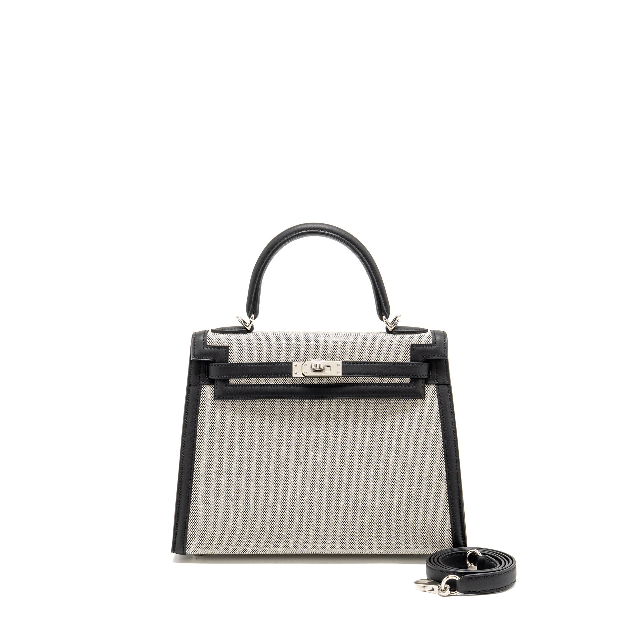 HERMES KELLY 25 SELLIER TOILE H/SWIFT ECRU-BLACK/BLACK SHW