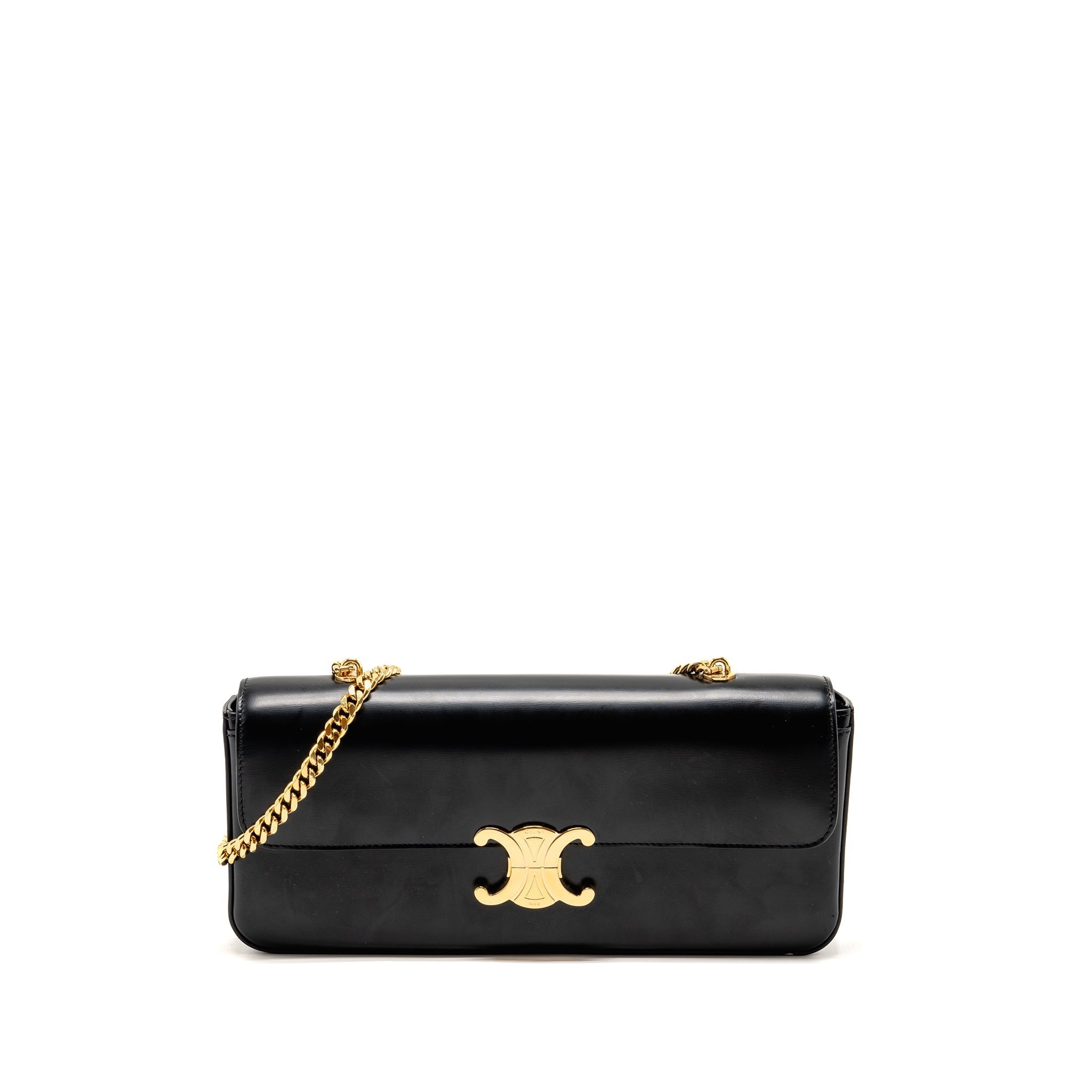 CELINE TRIOMPHE CLAUDE CHAIN SHOULDER BAG SHINY CALFSKIN BLACK GHW