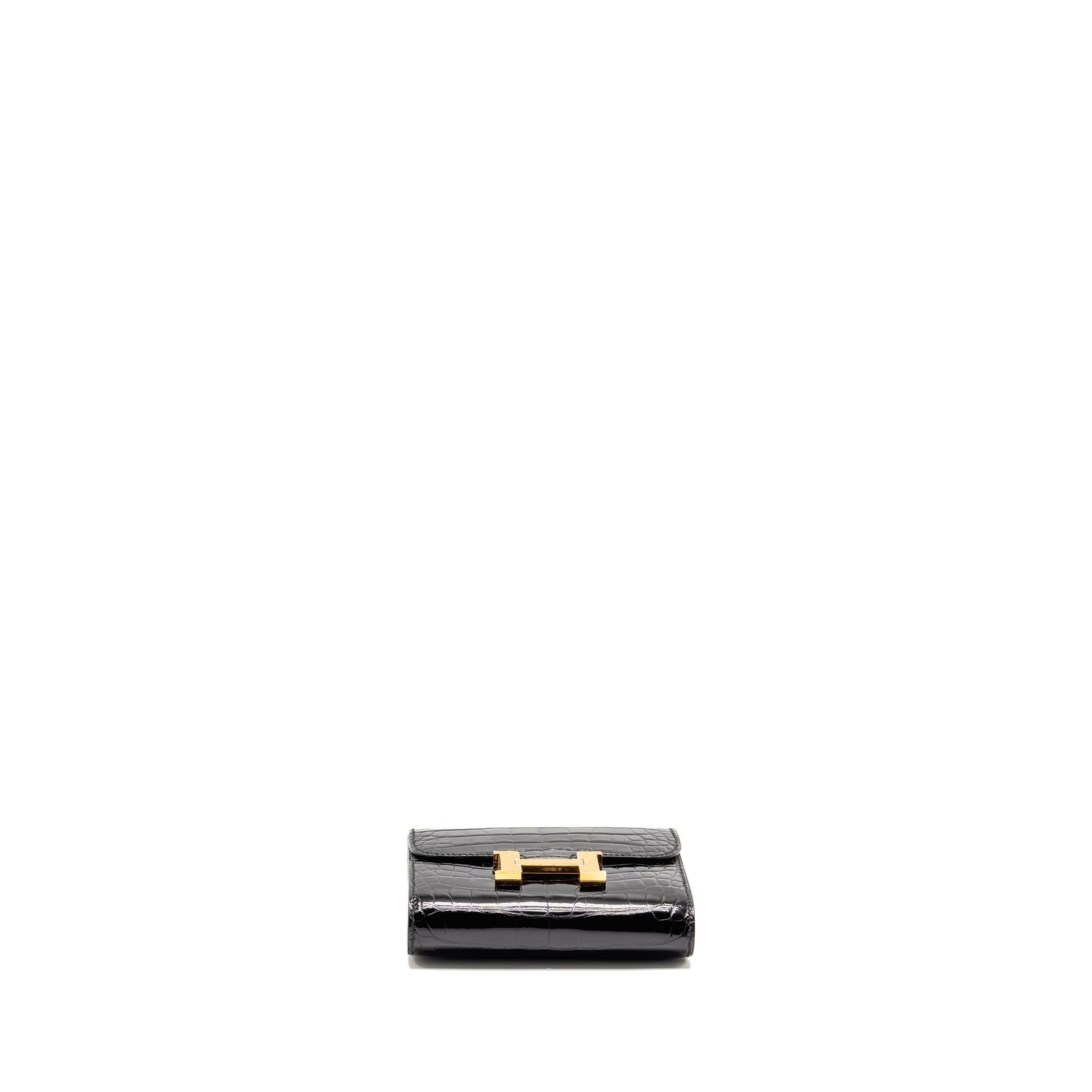 HERMES CONSTANCE COMPACT WALLET SHINY ALLIGATOR MISSISSIPPIENSIS BLACK GHW