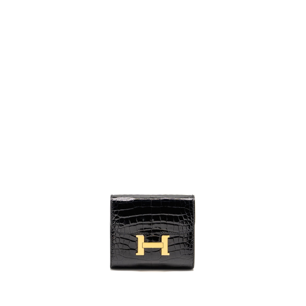 HERMES CONSTANCE COMPACT WALLET SHINY ALLIGATOR MISSISSIPPIENSIS BLACK GHW