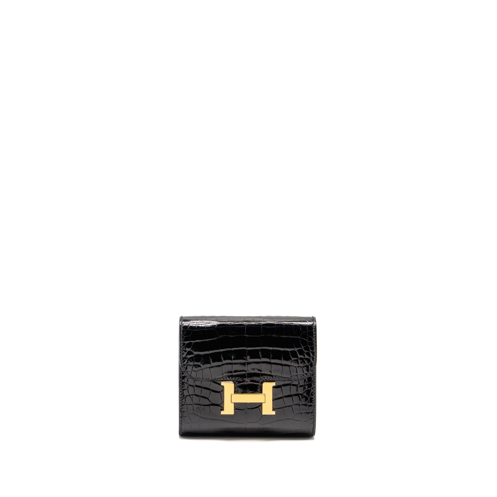 HERMES CONSTANCE COMPACT WALLET SHINY ALLIGATOR MISSISSIPPIENSIS BLACK GHW