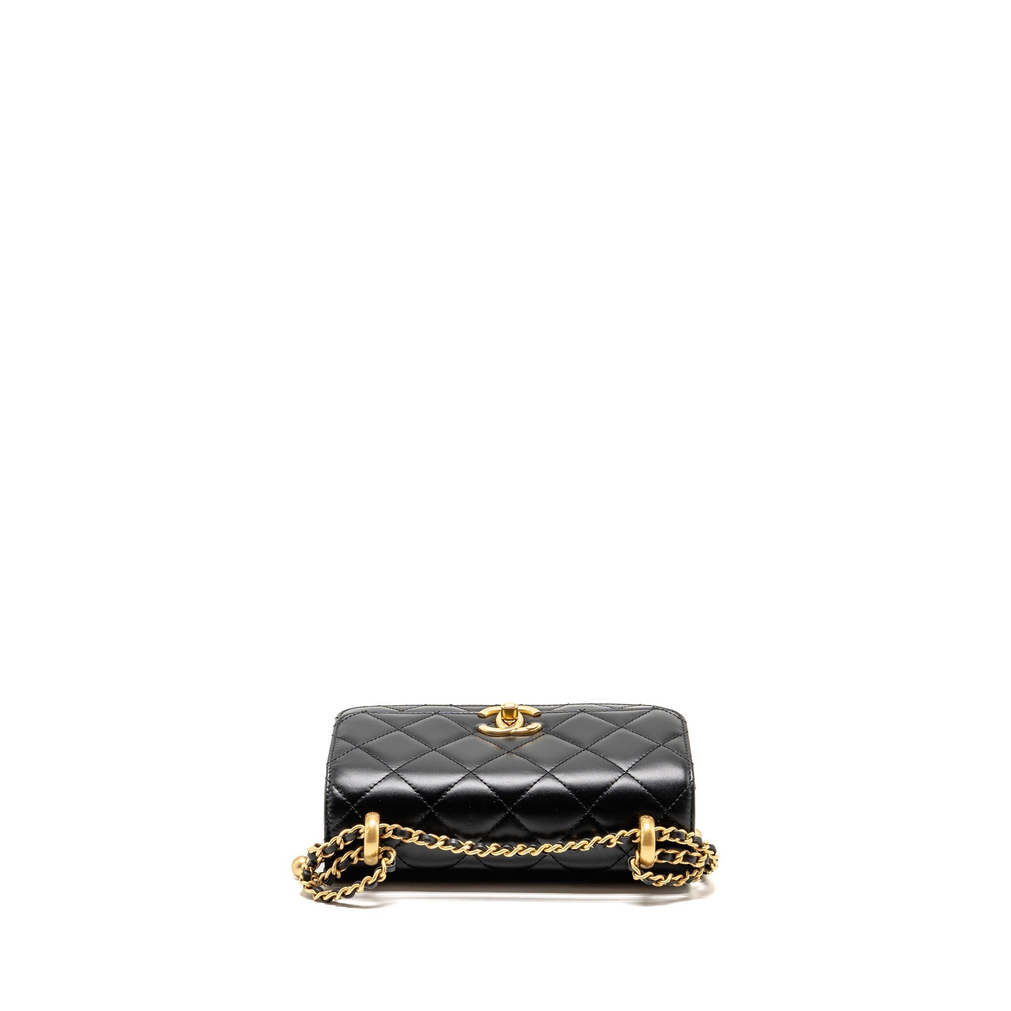 CHANEL GOLD CRUSH MINI FLAP BAG SHINY CALFSKIN BLACK GHW (MICROCHIP)