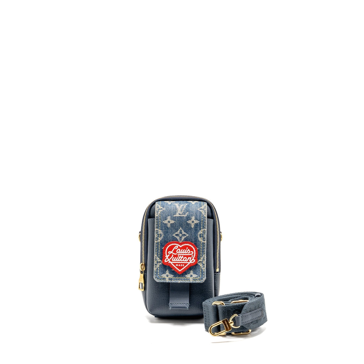 LOUIS VUITTON X NIGO FLAT DOUBLE PHONE POUCH DENIM/CALFSKIN BLUE GHW