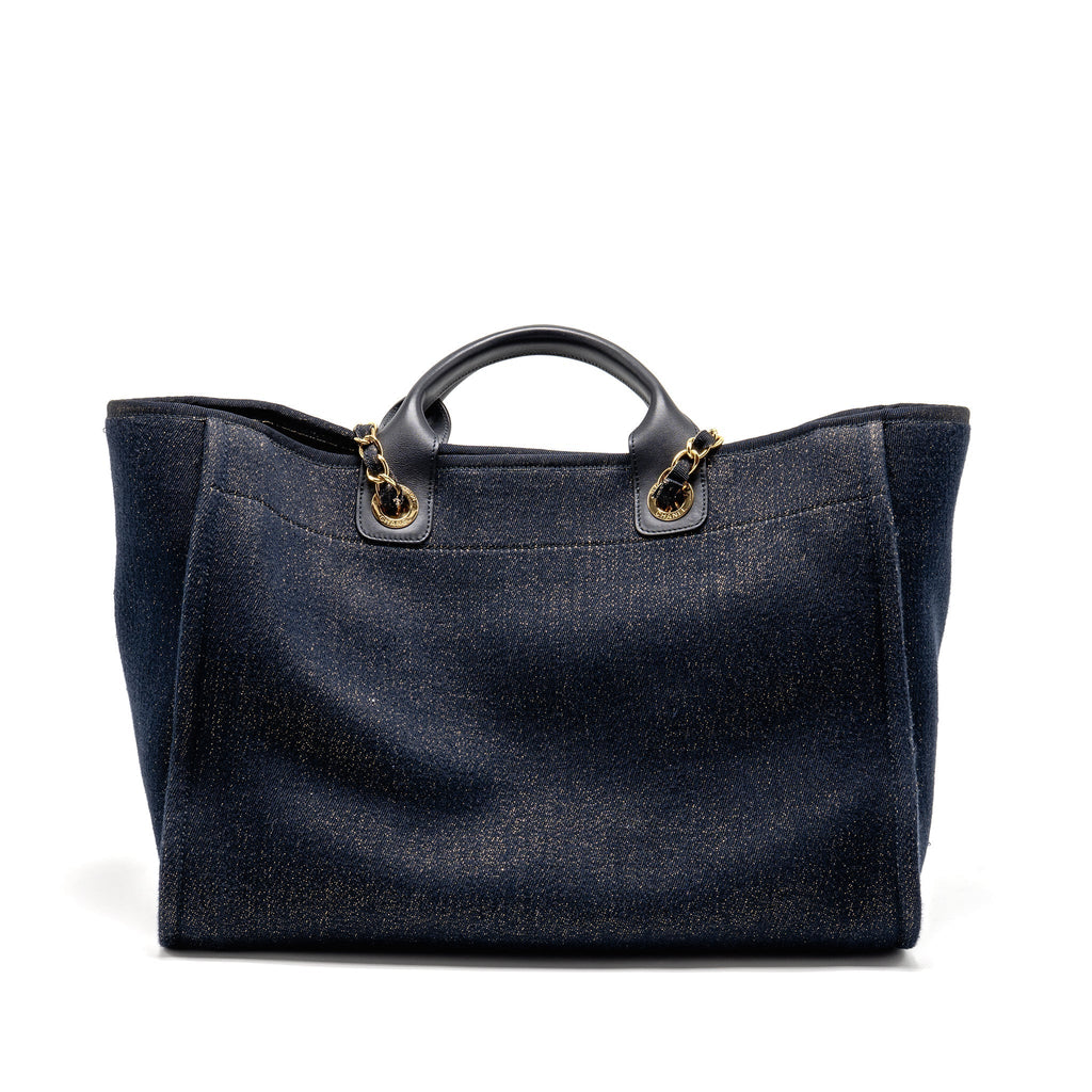 CHANEL LARGE DEAUVILLE TOTE SHOPPING BAG DENIM/LEATHER NAVY BLUE/GOLD GHW