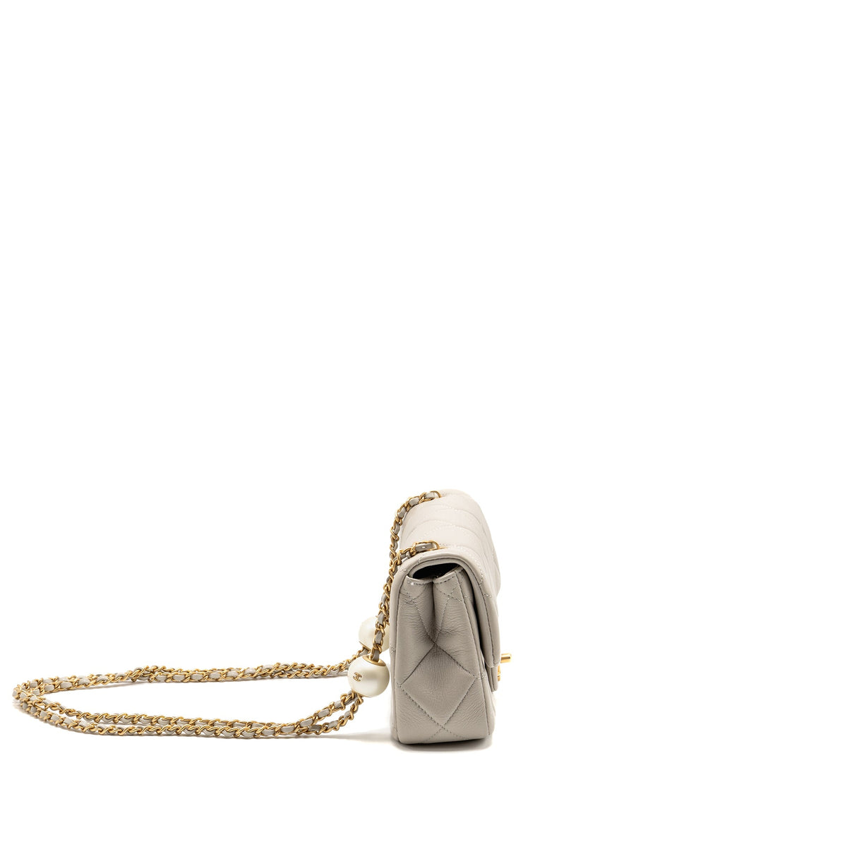 Chanel 24s pearl adjustable chain rectangular flap bag lambskin light grey GHW (microchip)