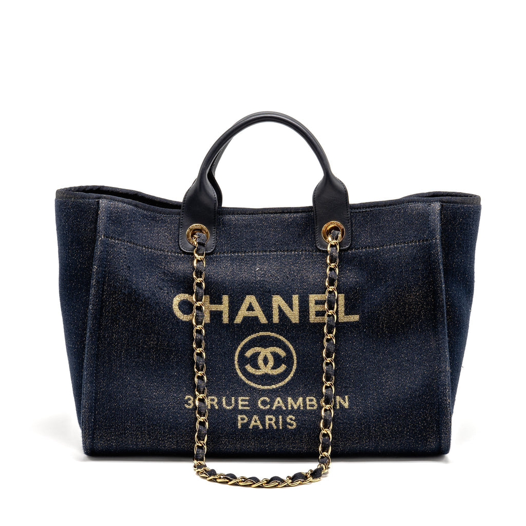 CHANEL LARGE DEAUVILLE TOTE SHOPPING BAG DENIM/LEATHER NAVY BLUE/GOLD GHW