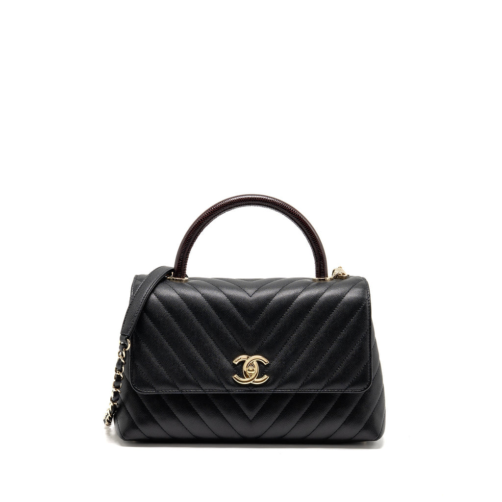 CHANEL MEDIUM CHEVRON COCO HANDLE CAVIAR BLACK / BURGUNDY HANDLE LGHW