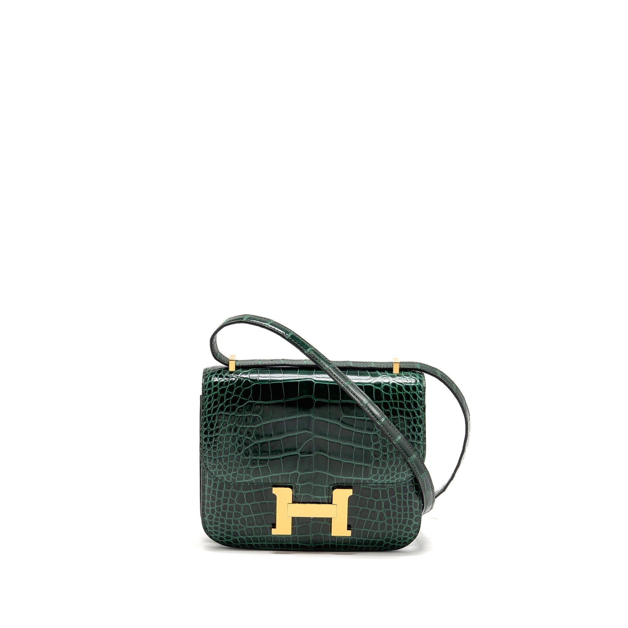 HERMES MINI CONSTANCE SHINY ALLIGATOR MISSISSIPPIENSIS VERT FONCE GHW