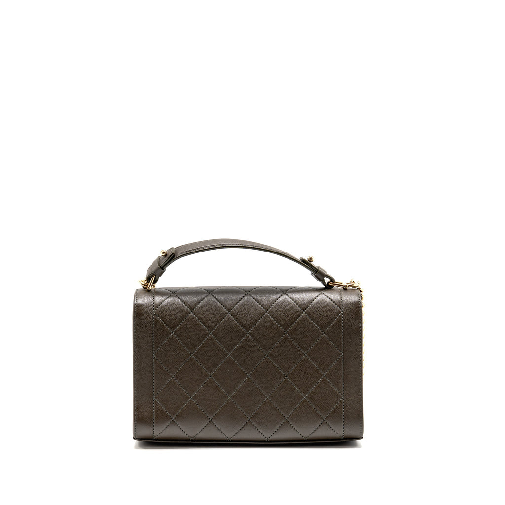 Chanel Top Handle Label Click Flap Bag Grained Calfskin Khaki LGHW