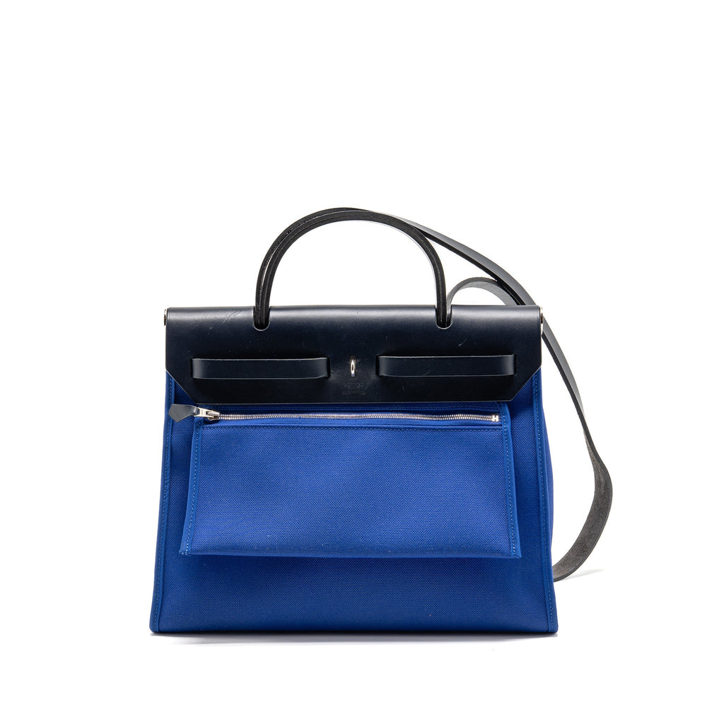 HERMES HERBAG 31 ZIP BAG CANVAS/HUNTER LEATHER BLEU ELECTRIQUE/BLEU INDIGO SHW