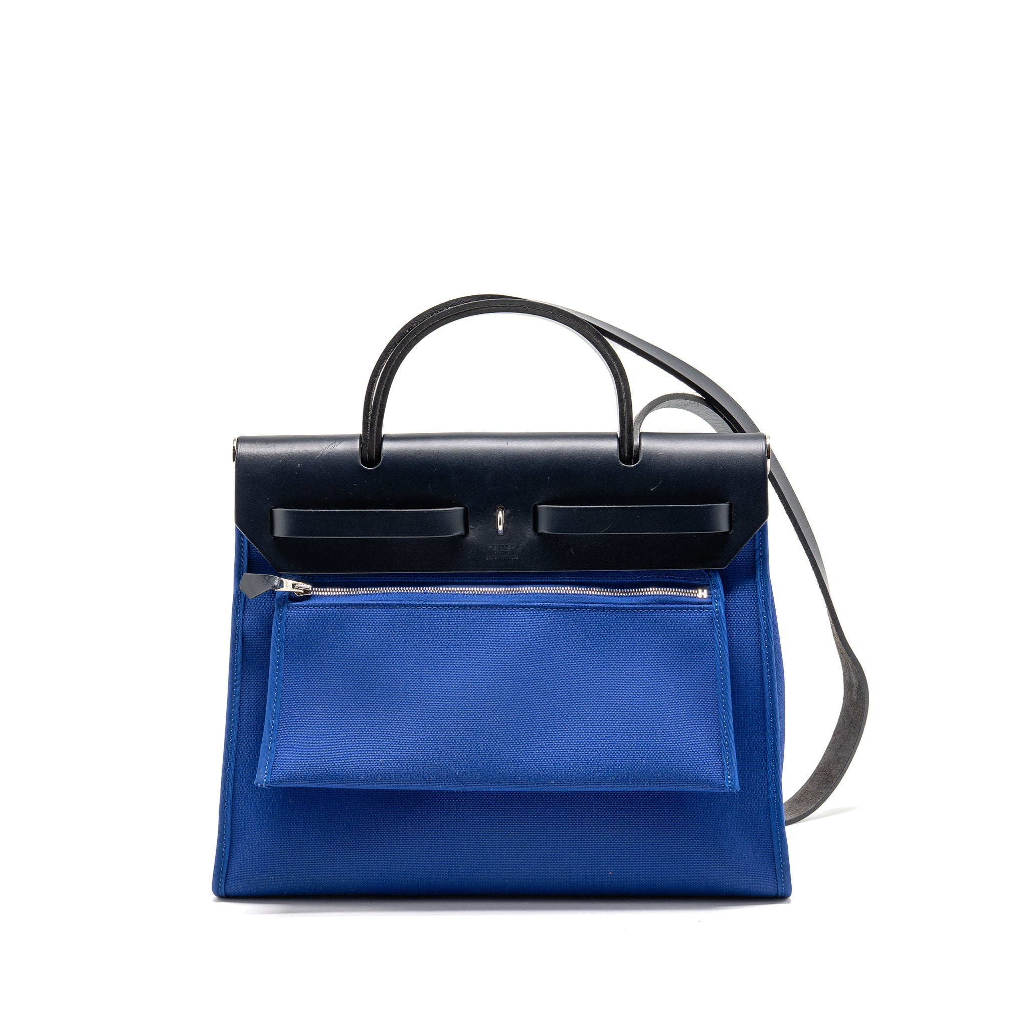 HERMES HERBAG 31 ZIP BAG CANVAS/HUNTER LEATHER BLEU ELECTRIQUE/BLEU INDIGO SHW