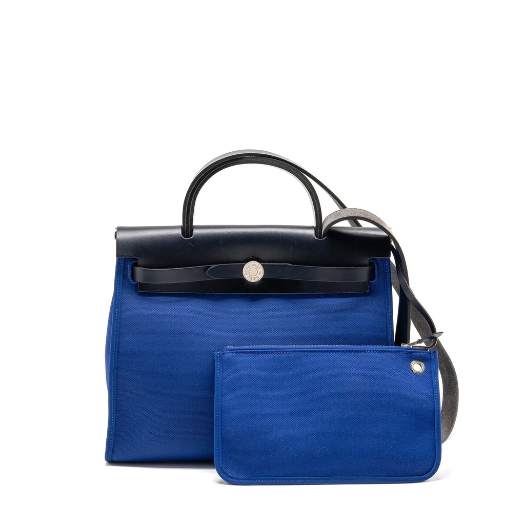 HERMES HERBAG 31 ZIP BAG CANVAS/HUNTER LEATHER BLEU ELECTRIQUE/BLEU INDIGO SHW