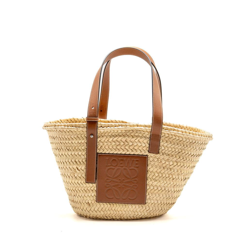 Loewe Basket Bag leather-trimmed woven raffia Palm Leaf/calfskin natural/Tan SHW