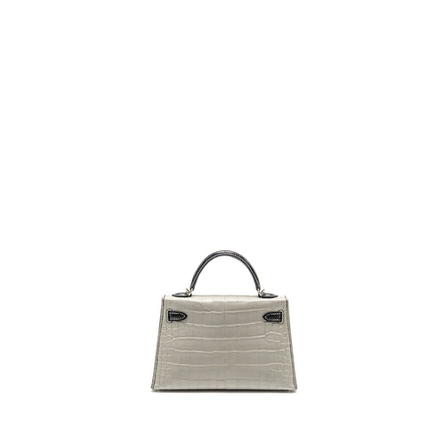 Hermes Mini Kelly II Alligator Mississippiensis Matt Gris Perle / black SHW