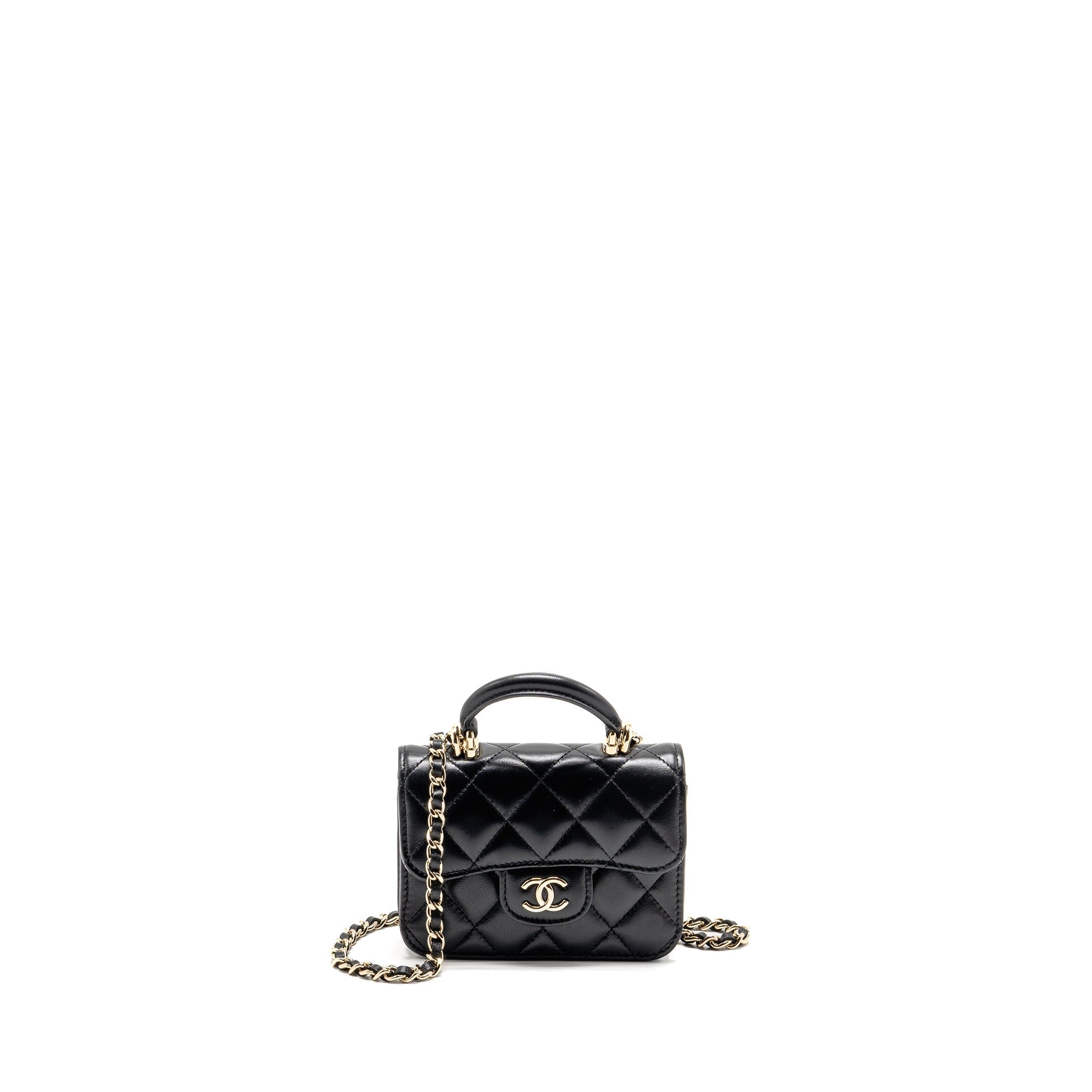 CHANEL MINI TOP HANDLE FLAP COIN PURSE WITH CHAIN LAMBSKIN BLACK LGHW