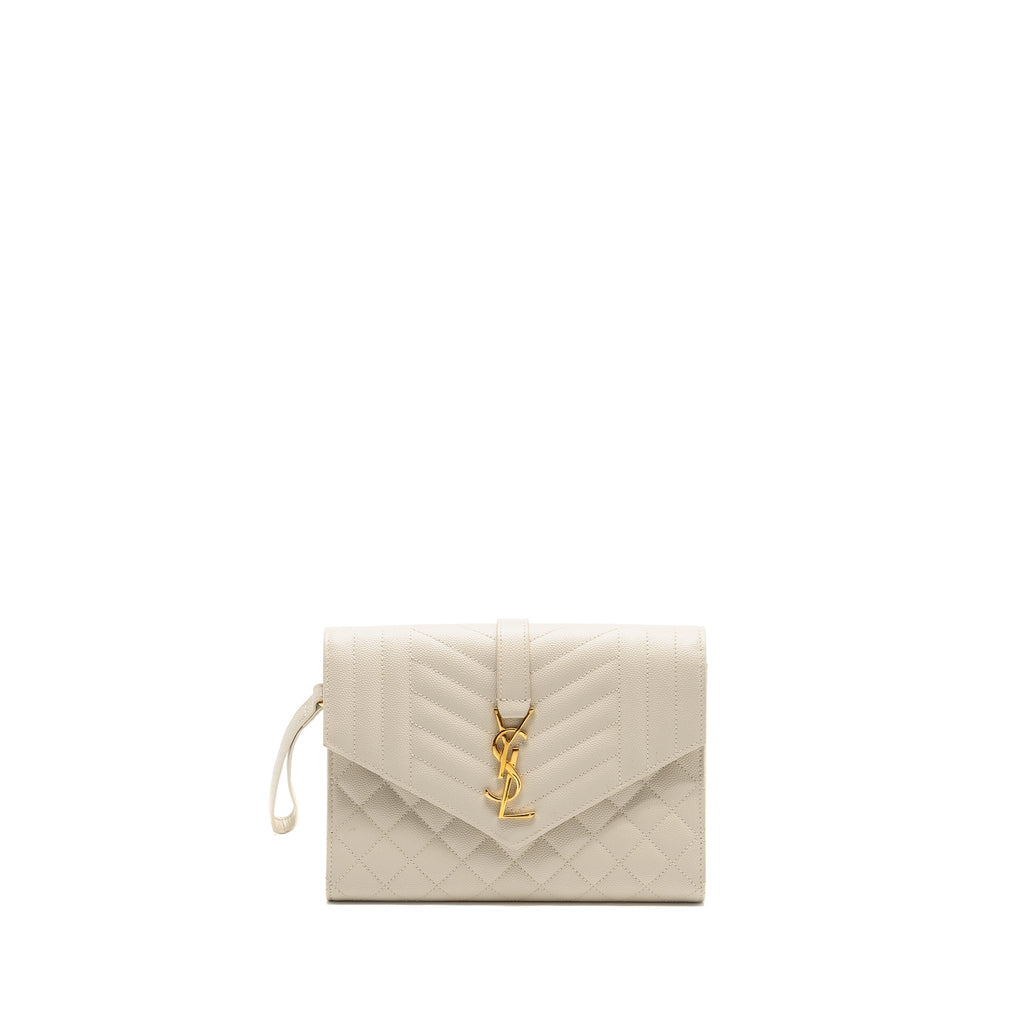 SAINT LAURENT ENVELOPE FLAP POUCH GRAINED CALFSKIN BLANC VINTAGE GHW