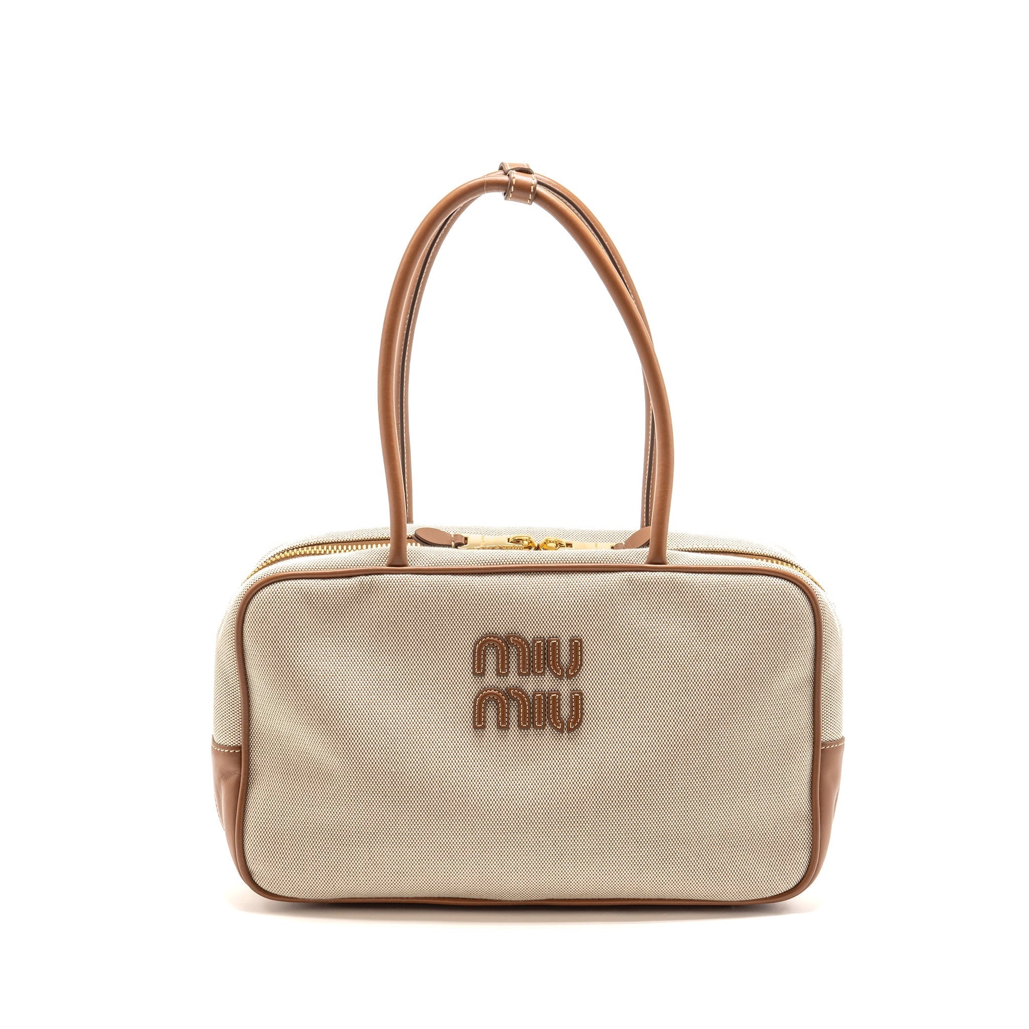 MIU MIU BEAU BAG CANVAS/LEATHER BEIGE/BRANDY GHW