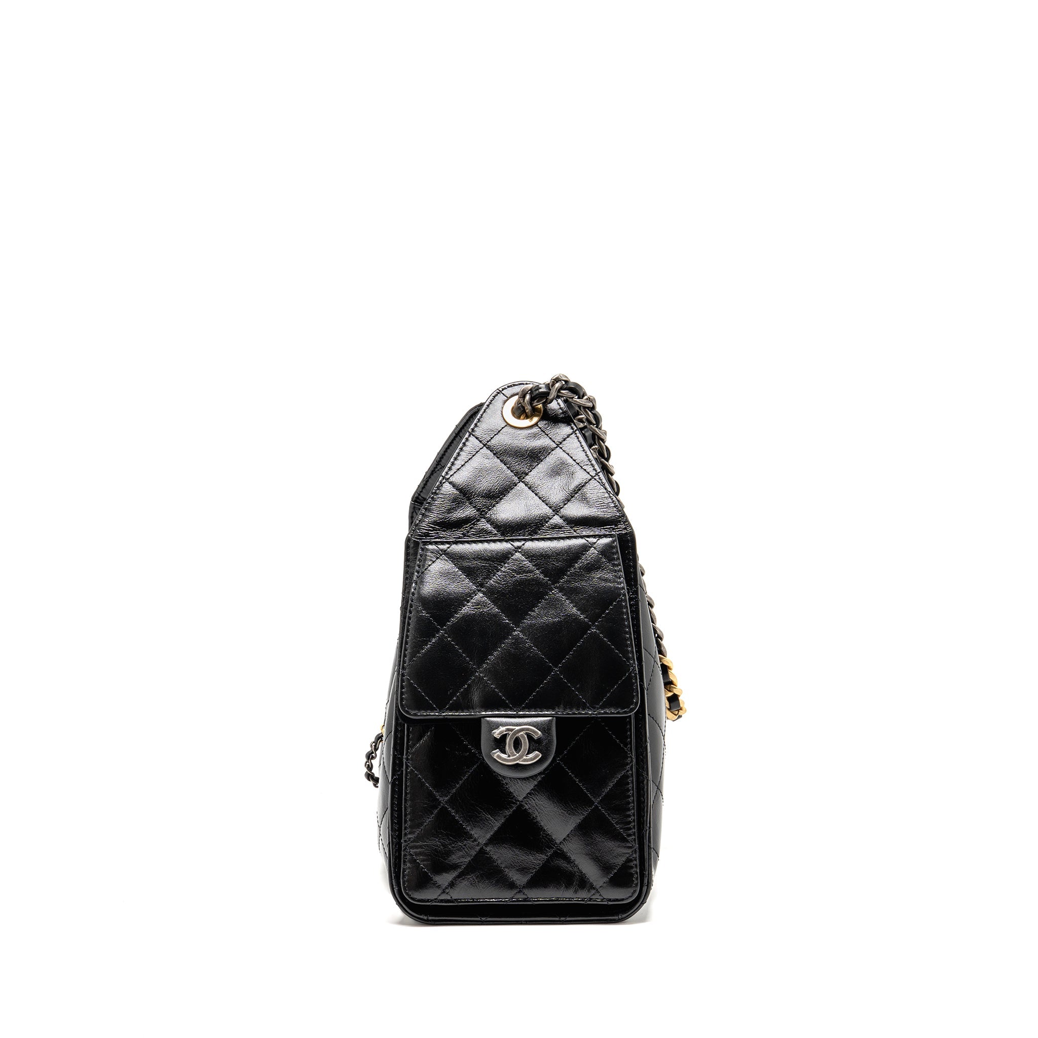 CHANEL SMALL 25 BAG CRUMPLED SHINY CALFSKIN BLACK MULTICOLOUR HARDWARE (MICROCHIP)