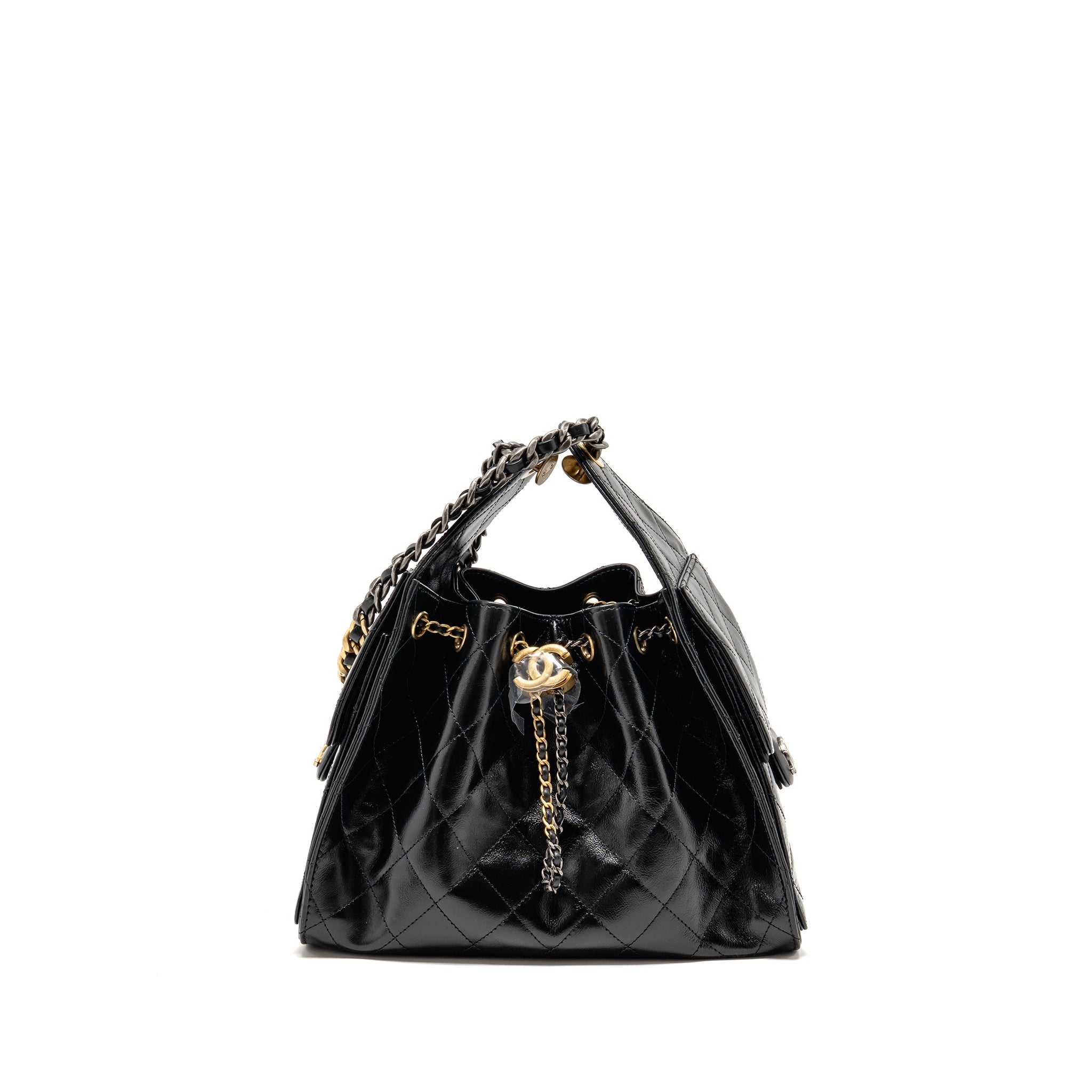 CHANEL SMALL 25 BAG CRUMPLED SHINY CALFSKIN BLACK MULTICOLOUR HARDWARE (MICROCHIP)
