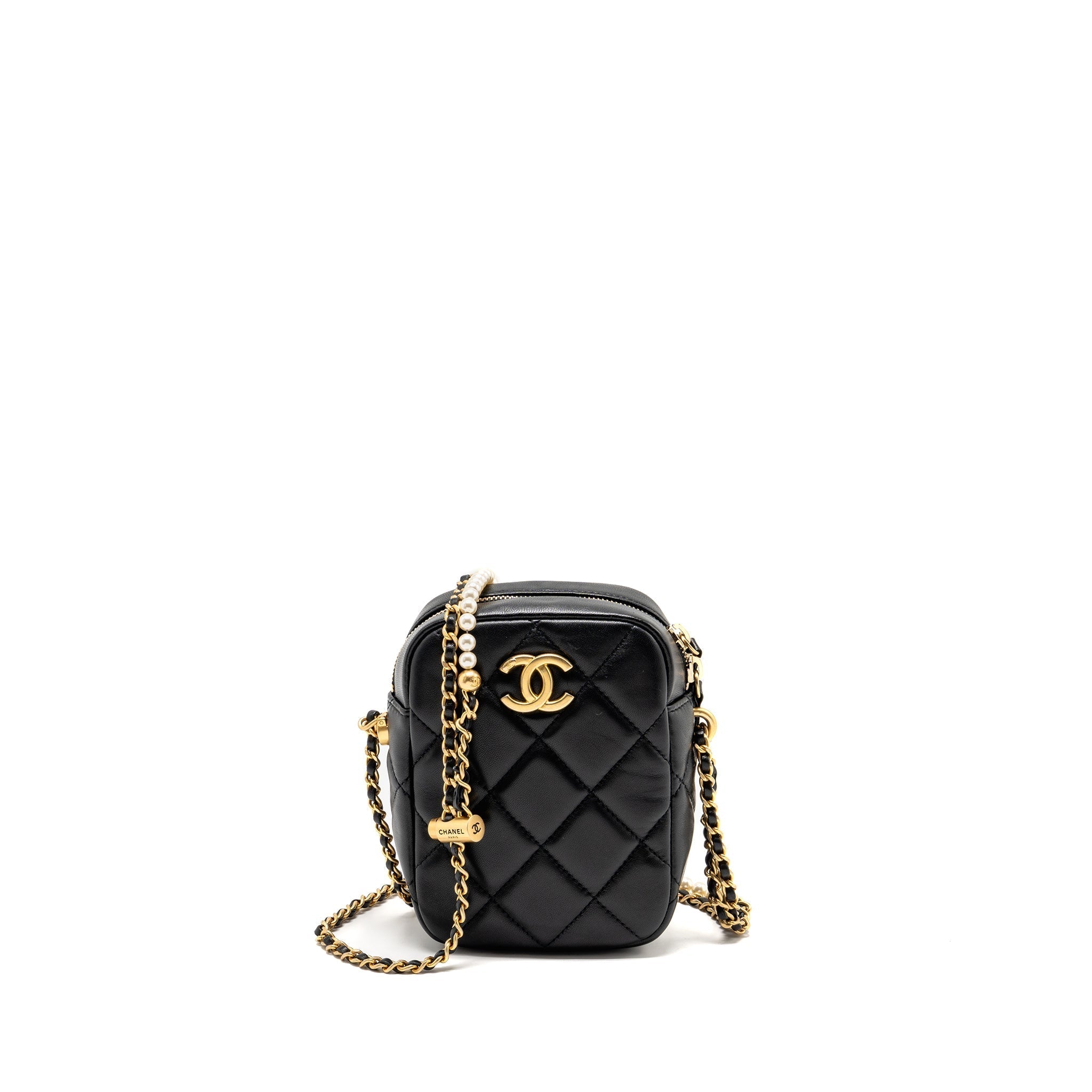 CHANEL 22C MY PERFECT MINI CAMERA CASE WITH CHAIN LAMBSKIN BLACK GHW (MICROCHIP)