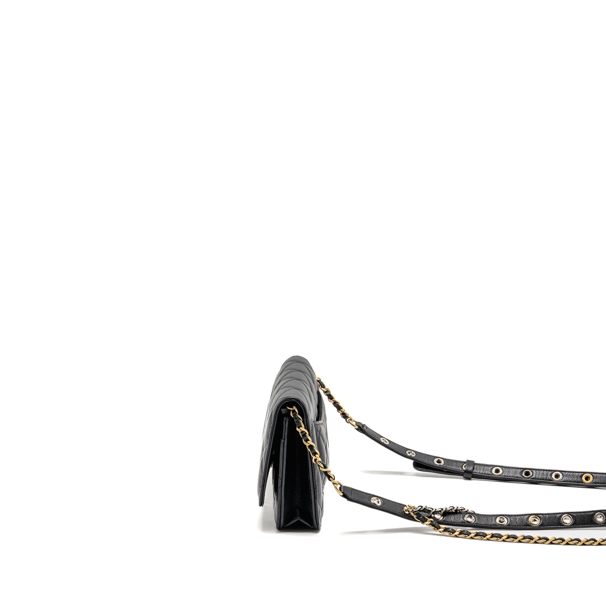 CHANEL DETAILED STRAP WALLET ON CHAIN LAMBSKIN BLACK WITH MULTICOLOUR HARDWARE (MICROCHIP)