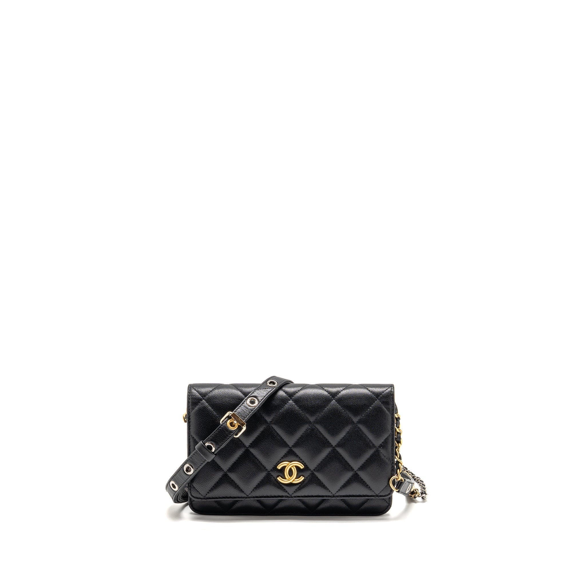 CHANEL DETAILED STRAP WALLET ON CHAIN LAMBSKIN BLACK WITH MULTICOLOUR HARDWARE (MICROCHIP)