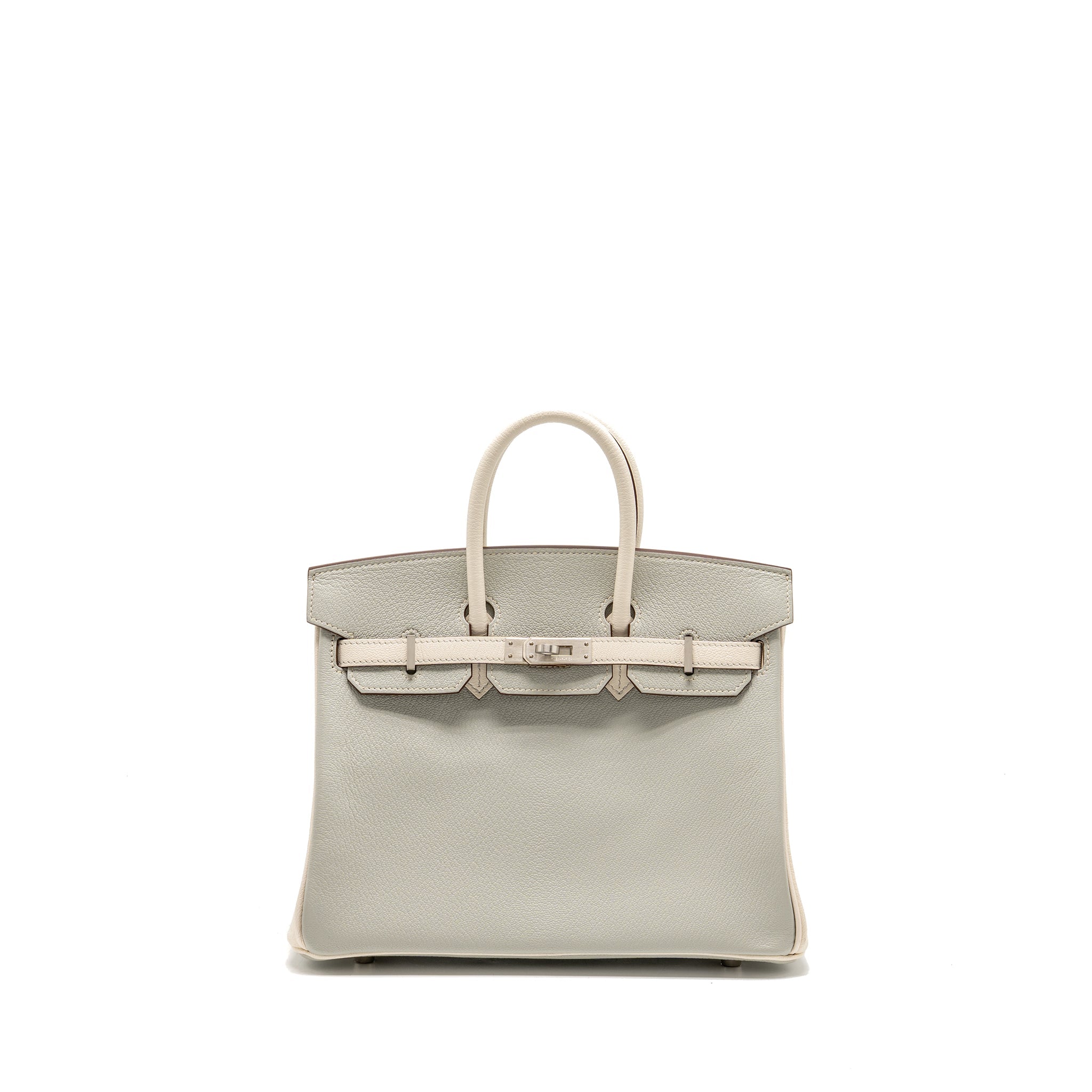 HERMES BIRKIN 25 SPECIAL ORDER CHÈVRE MYSORE GRIS PERLE/CRAIE BRUSHED SHW