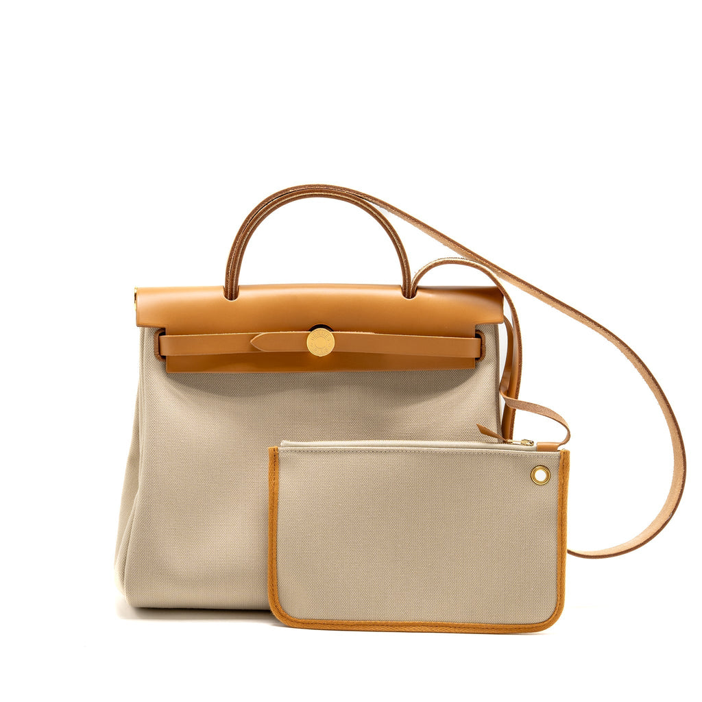 HERMES HERBAG 31 ZIP BAG CANVAS/HUNTER LEATHER BETON/NATUREL SABLE GHW