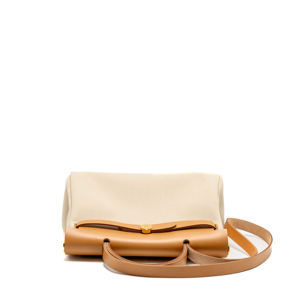 HERMES HERBAG 31 ZIP BAG CANVAS/HUNTER LEATHER BETON/NATUREL SABLE GHW
