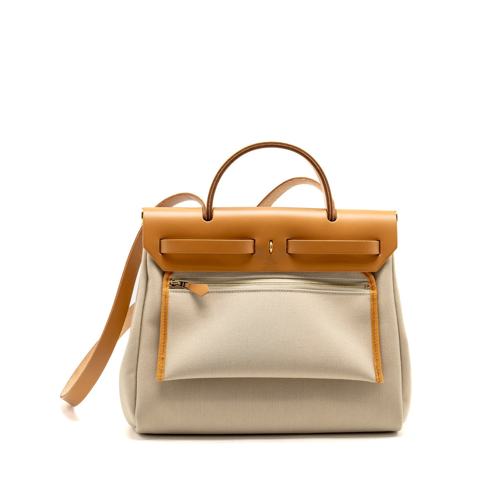 HERMES HERBAG 31 ZIP BAG CANVAS/HUNTER LEATHER BETON/NATUREL SABLE GHW