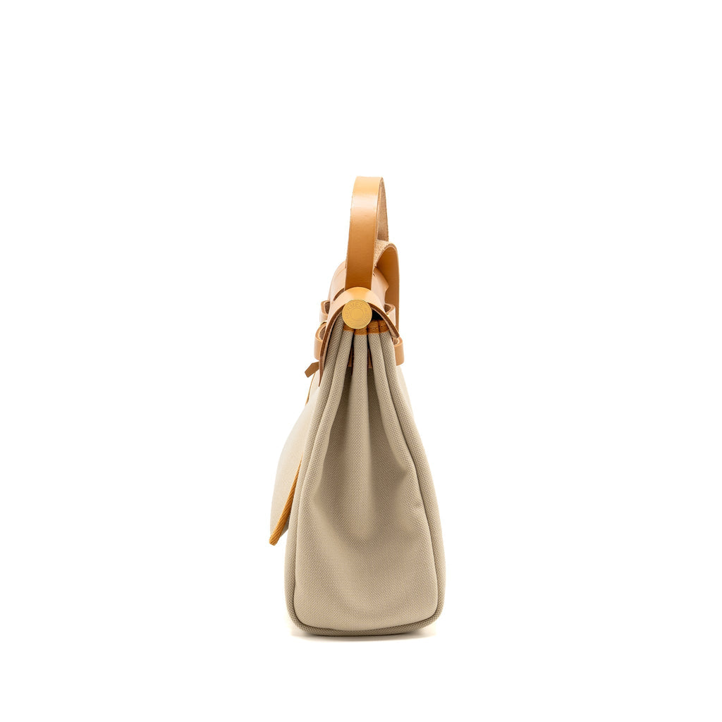 HERMES HERBAG 31 ZIP BAG CANVAS/HUNTER LEATHER BETON/NATUREL SABLE GHW
