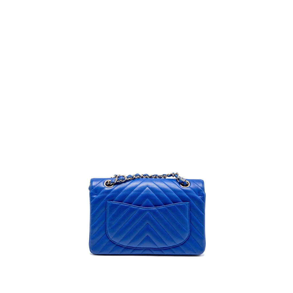 CHANEL SMALL CLASSIC DOUBLE FLAP BAG CHEVRON CAVIAR BLUE LGHW