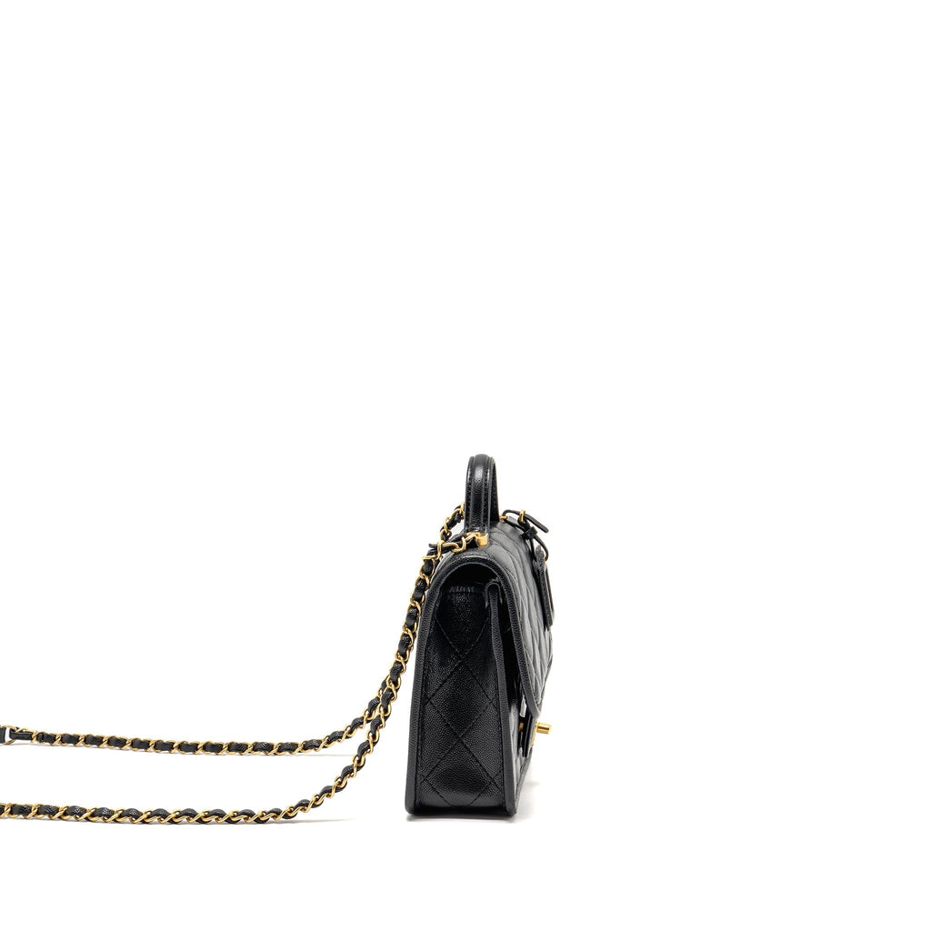 CHANEL 22K MINI FLAP BAG WITH TOP HANDLE CAVIAR BLACK GHW (MICROCHIP)