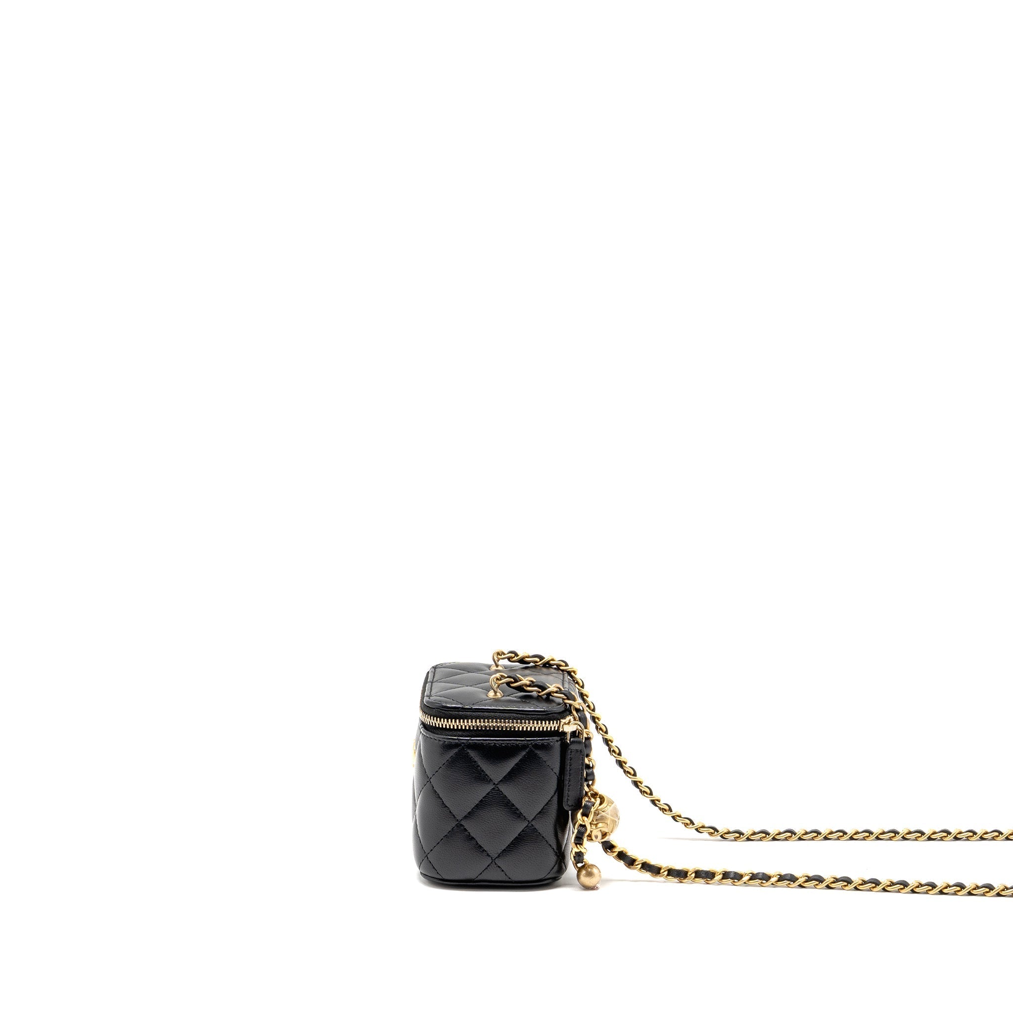 CHANEL PEARL CRUSH MINI VANITY WITH CHAIN LAMBSKIN BLACK GHW (MICROCHIP)