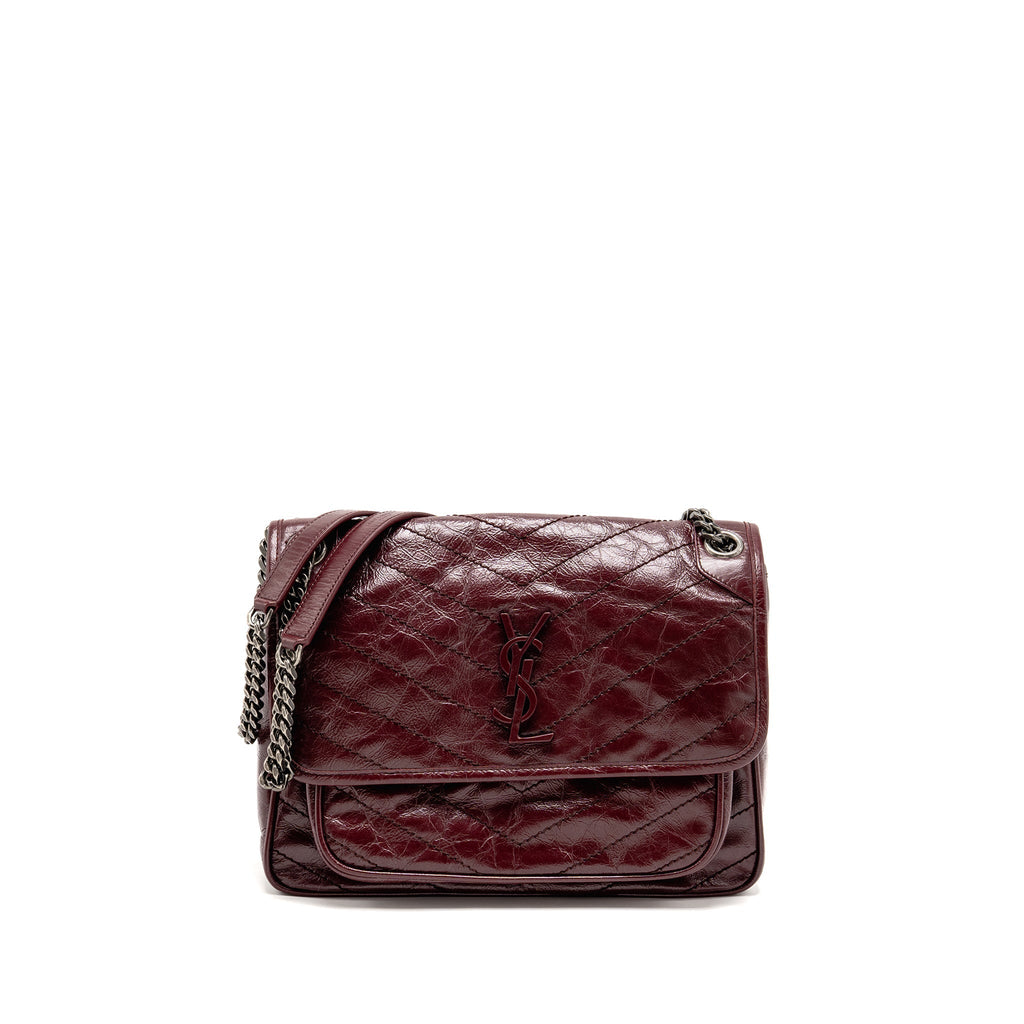 SAINT LAURENT YSL MEDIUM NIKI SHOULDER BAG CALFSKIN BURGUNDY RUTHENIUM SHW