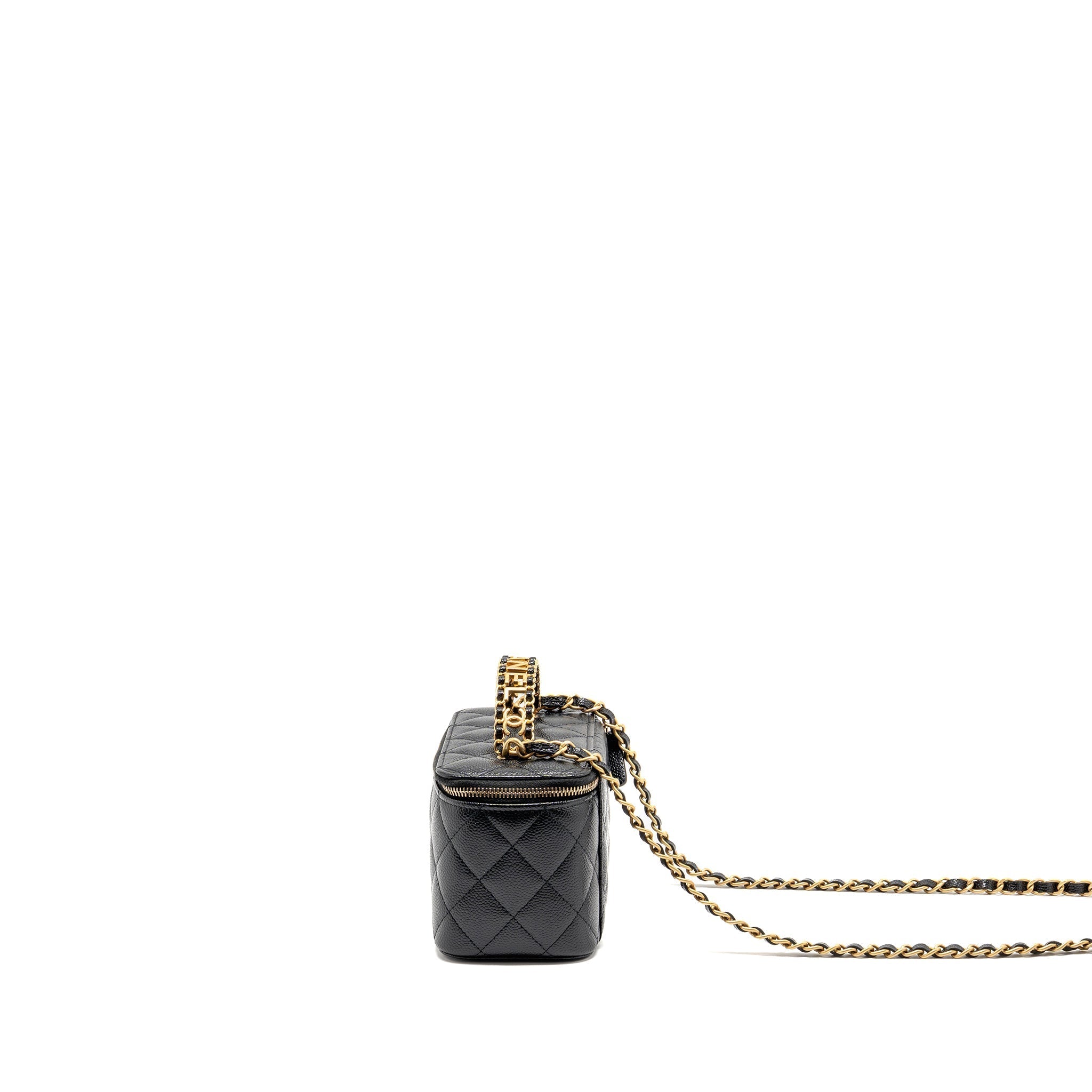 CHANEL LETTER TOP HANDLE LONG VANITY WITH CHAIN CAVIAR BLACK GHW