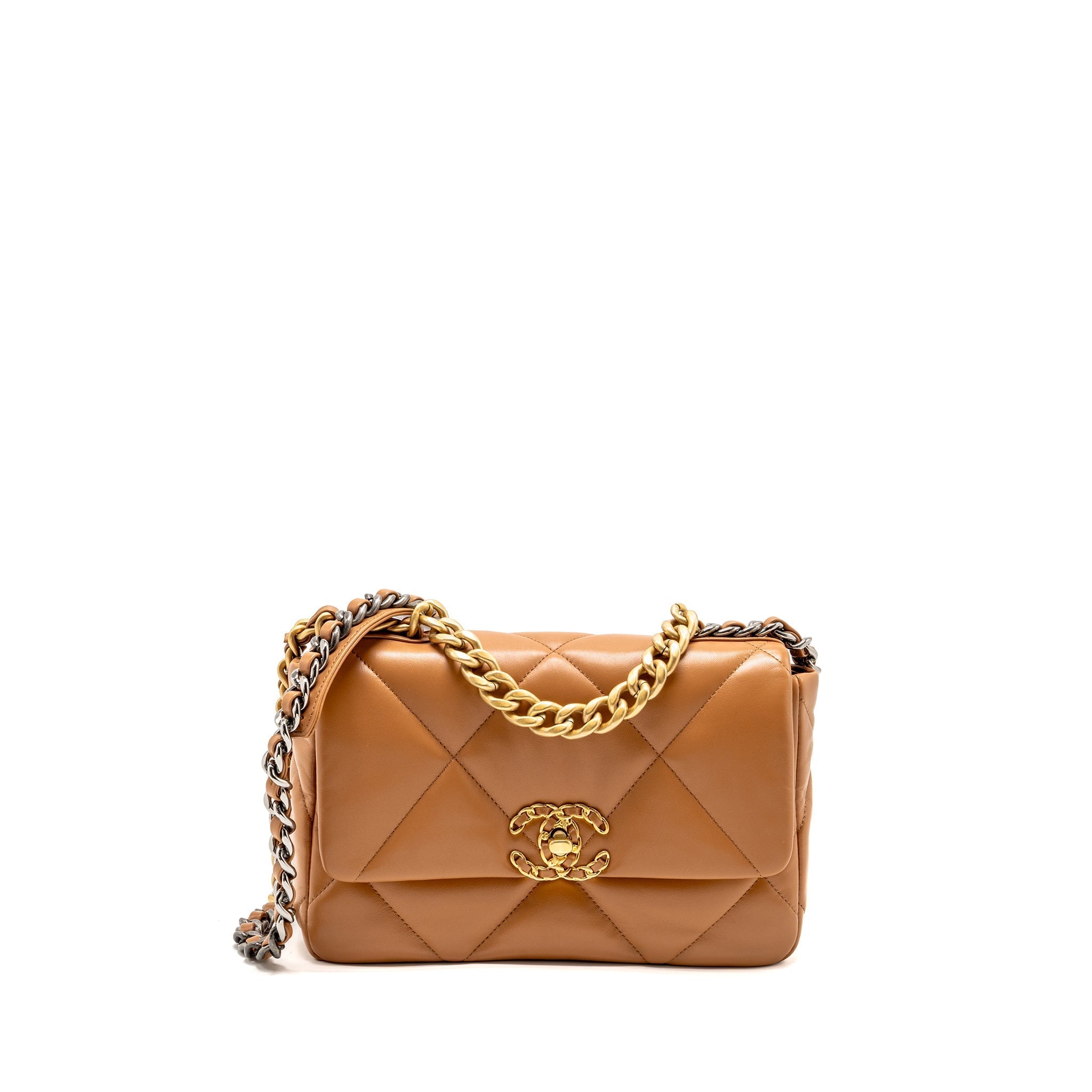 CHANEL SMALL 19 BAG LAMBSKIN CARAMEL MULTICOLOURED HARDWARE (MICROCHIP)