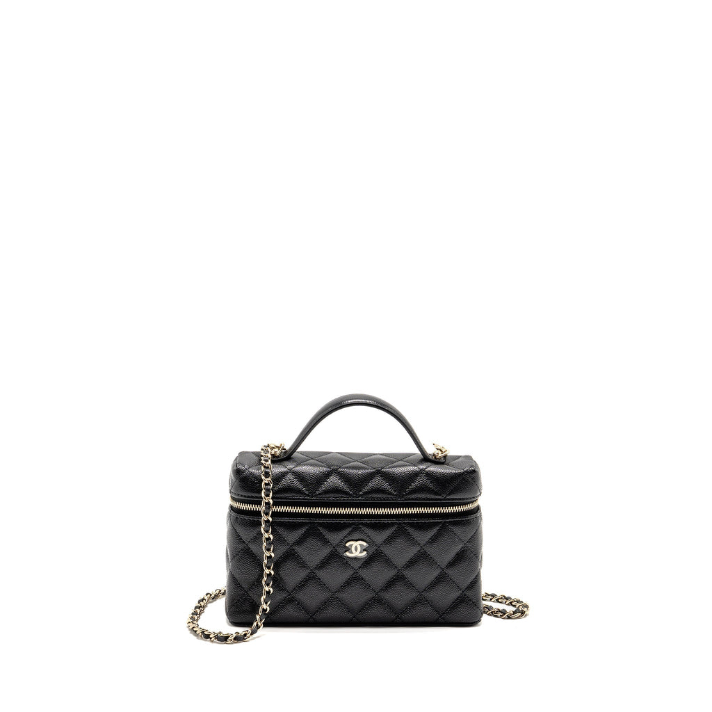 CHANEL 25P CC TOP HANDLE VANITY WITH CHAIN CAVIAR BLACK LGHW (MICROCHIP)