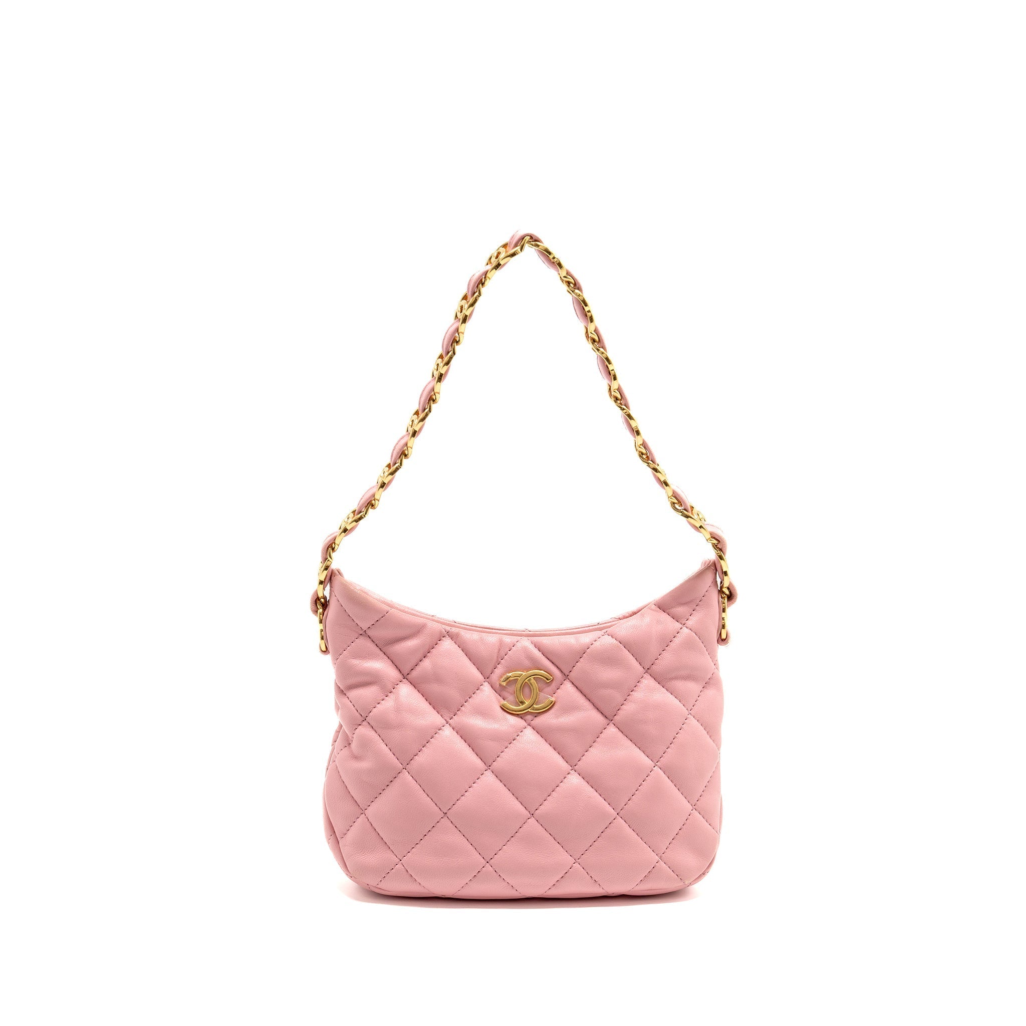 CHANEL 22K HOBO BAG WITH LOGO CHAIN LAMBSKIN PINK GHW (MICROCHIP)