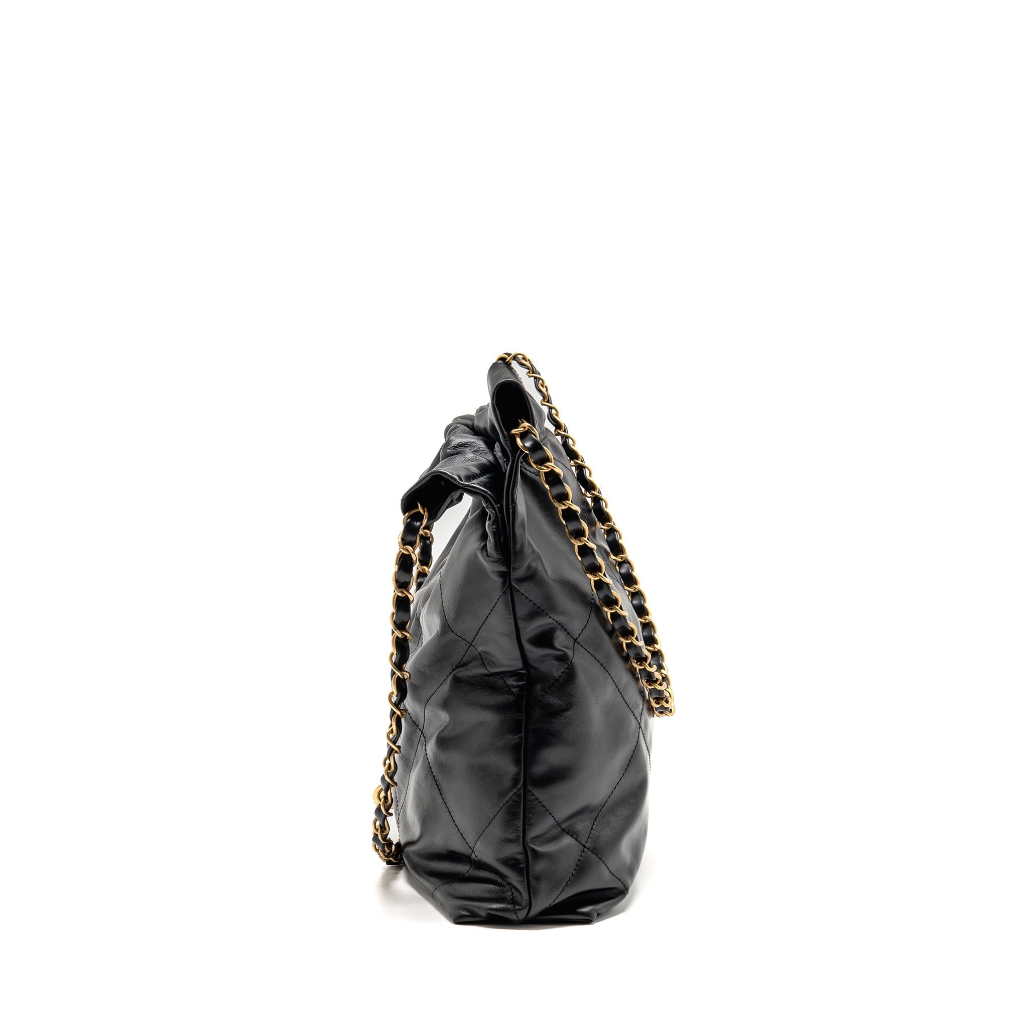 CHANEL SMALL 22 BAG WITH WHITE LETTER LOGO CALFSKIN BLACK GHW (MICROCHIP)