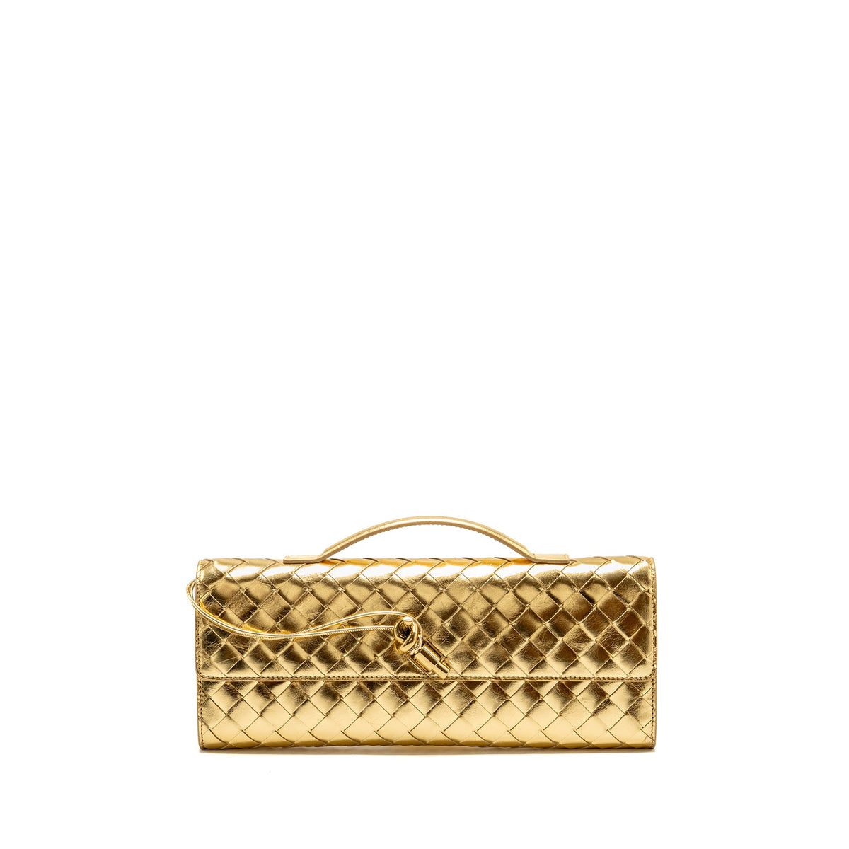 Bottega Veneta Andiamo Clutch Foggy Mirror Effect Intrecciato Leather Gold GHW