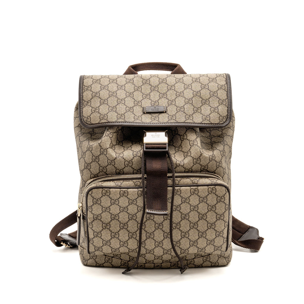 GUCCI SINGLE BUCKLE BACKPACK GG SUPREME CANVAS BROWN SHW