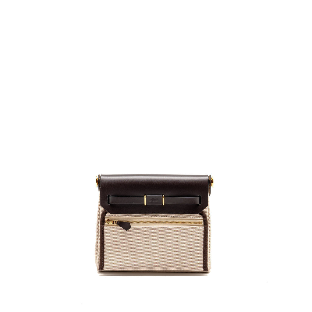 HERMES HERBAGMINI CANVAS/HUNTER LEATHER ECRU-BEIGE/EBENE GHW