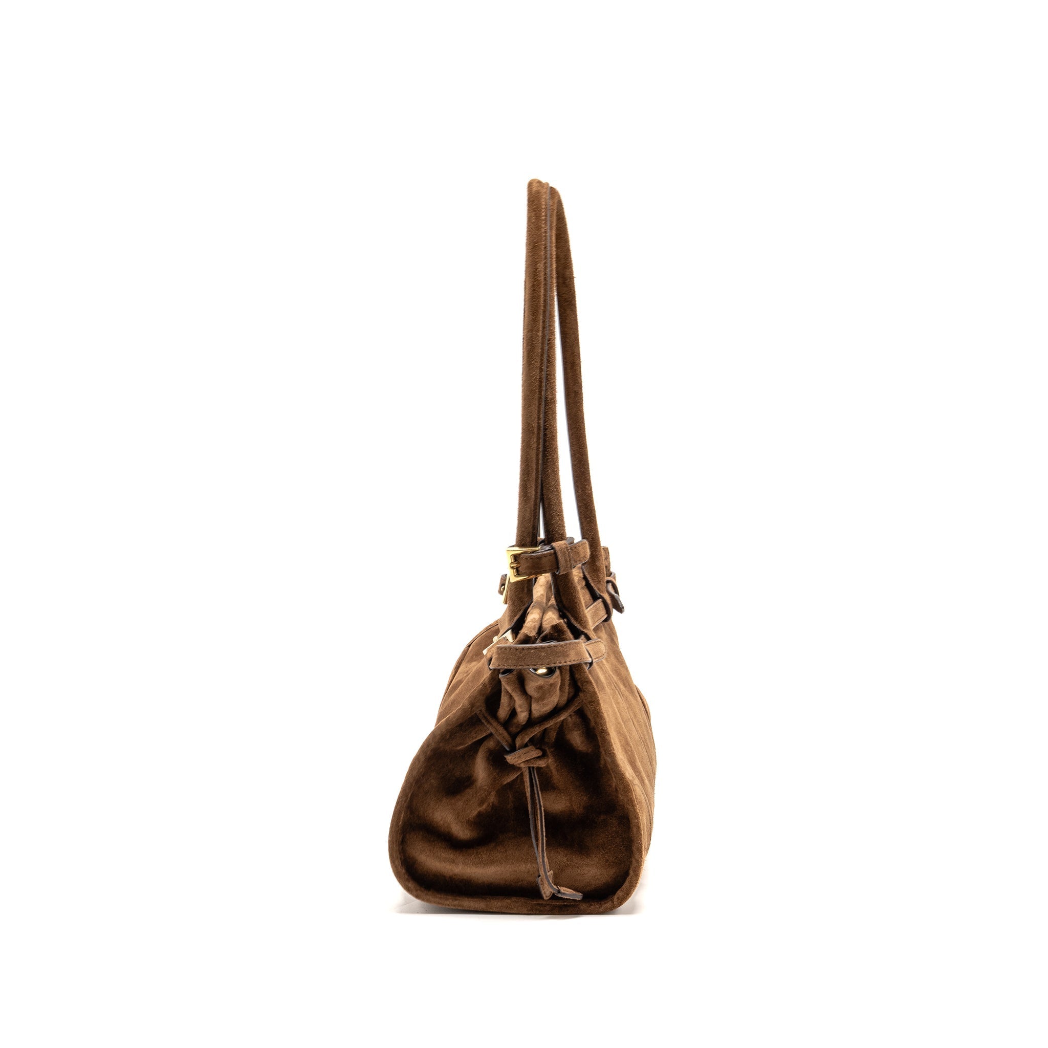 PRADA MEDIUM BONNIE HANDBAG SUEDE LEATHER BROWN GHW