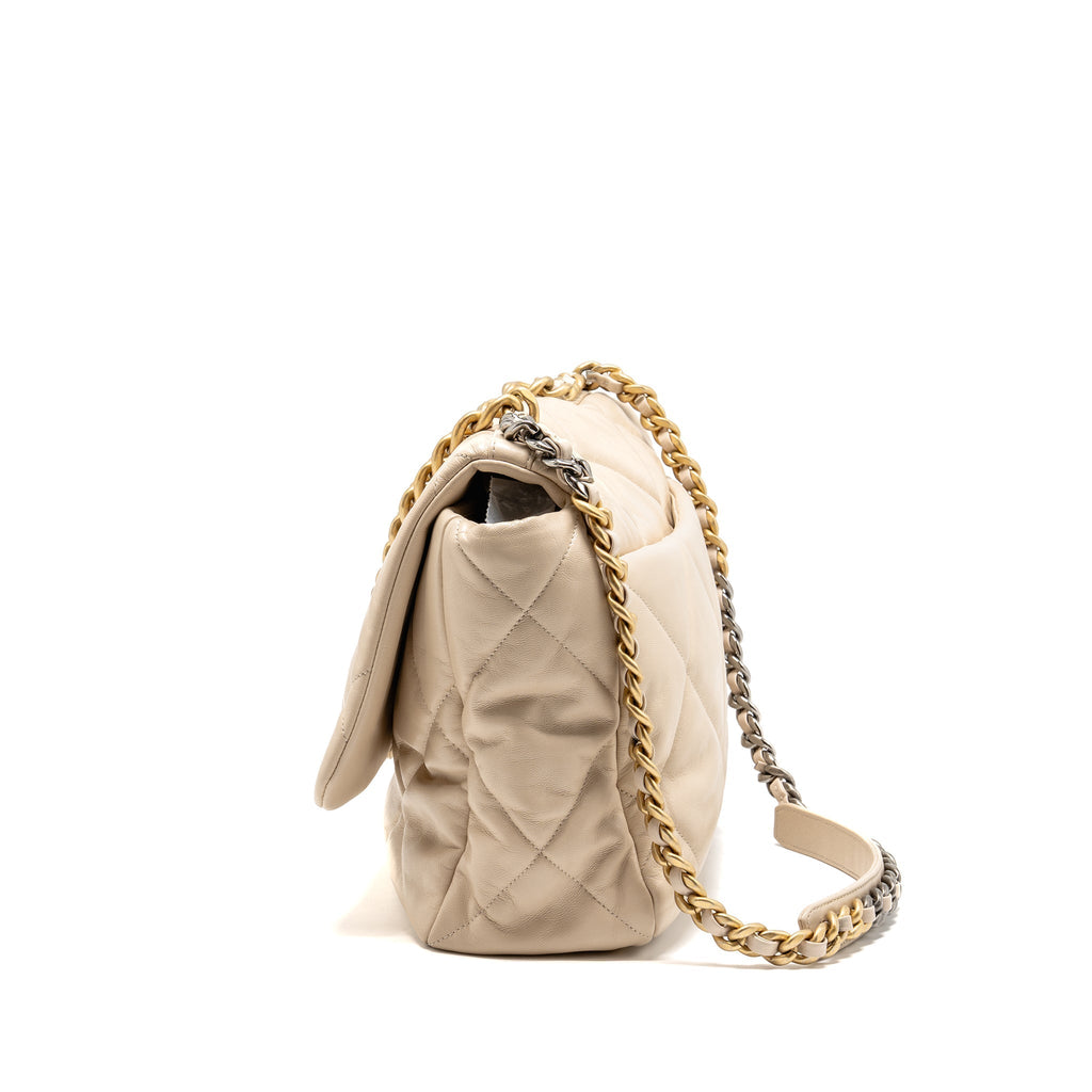 CHANEL MAXI 19 BAG GOATSKIN BEIGE MULTICOLOR HARDWARE