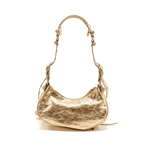 BALENCIAGA LE CAGOLE XS SHOULDER BAG ARENA CRACKED LAMBSKIN GOLD GHW